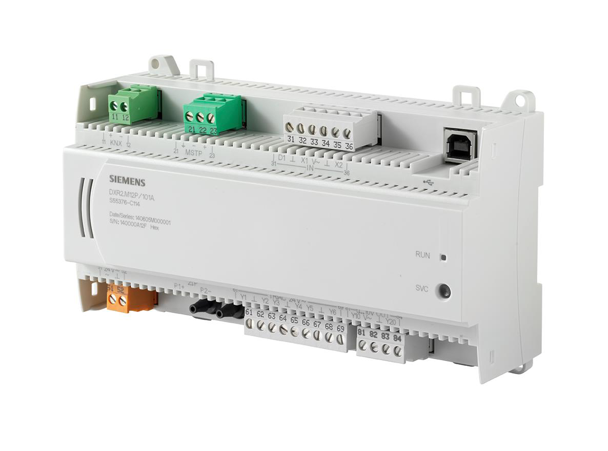  - Siemens  DXR2.M12P-102A - Régulateur terminal BACnet MS-TP, VAV, capteur de pression, DIN, 1 DI, 2 UI, 2 AO, 6 triac, 30 data points